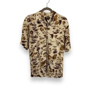 SMALL VINTAGE 90s GEORGE BEIGE BROWN TAN TROPICAL HAWAIIAN SHIRT MENS